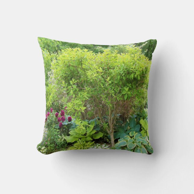Beautiful Green Garden Landscape with Hostas Throw Pillow (Front)