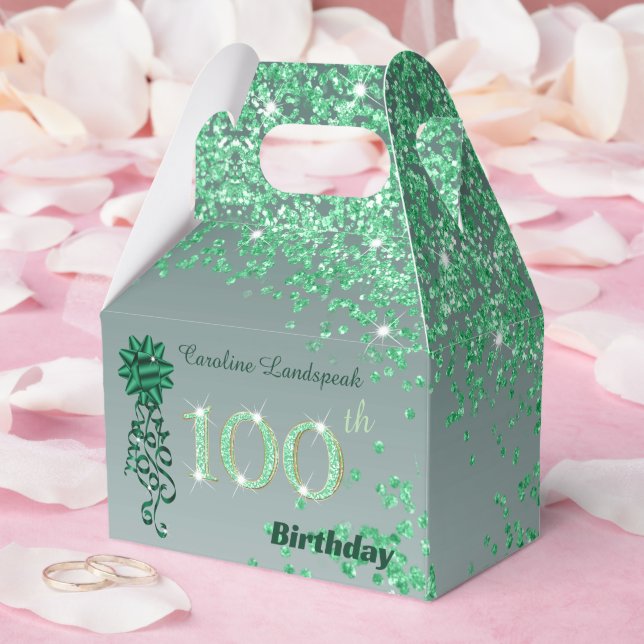 Beautiful Green Glitter Ribbon 100th Birthday Favor Boxes (Wedding)