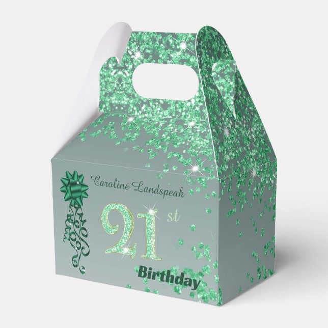Beautiful Green Glitter Ribbon 21st Birthday Favor Boxes (Front Side)