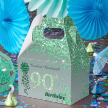 Beautiful Green Glitter & Ribbon 90th Birthday Favor Boxes