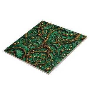 Beautiful Green & Gold Floral and Beads Abstract Ceramic Tile