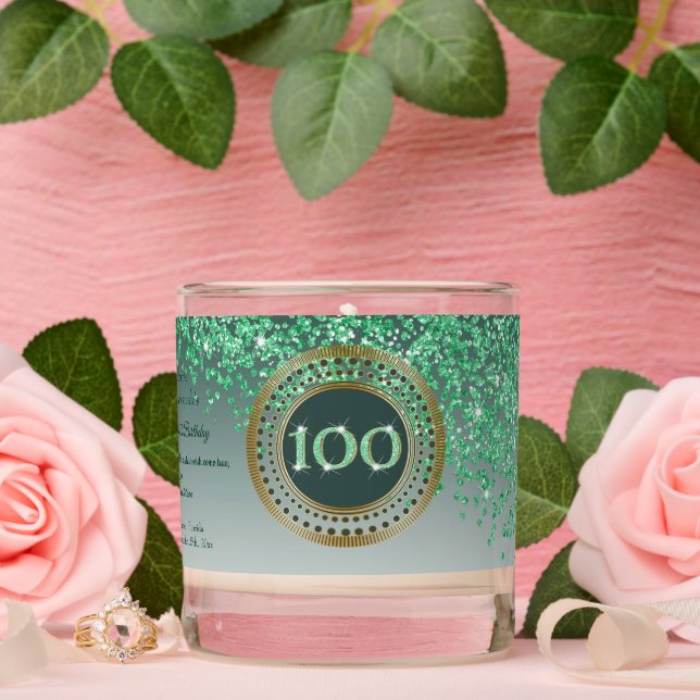 Beautiful Green & Gold Glitter 100th Birthday Scented Candle (Wedding)