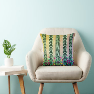 Beautiful Green Gold Ribbon Pattern Purple Florals Throw Pillow