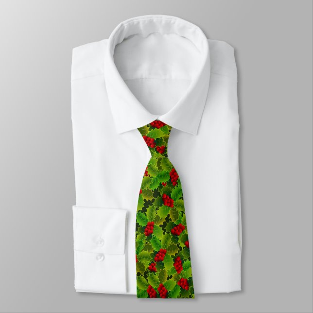 Beautiful Green Holly and Red Berries Christmas Neck Tie (Tied)