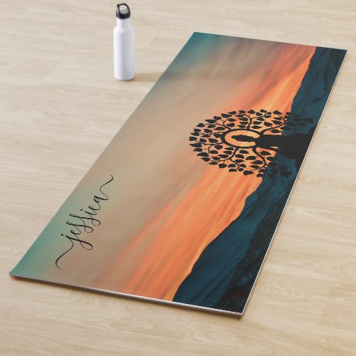 Beautiful Green Orange Sunset Buddha Custom Name Yoga Mat