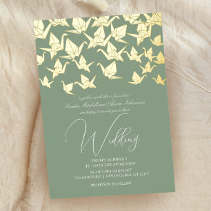 Beautiful Green Origami Paper Crane Wedding Foil Invitation