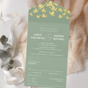 Beautiful green paper crane wedding all in one invitation 