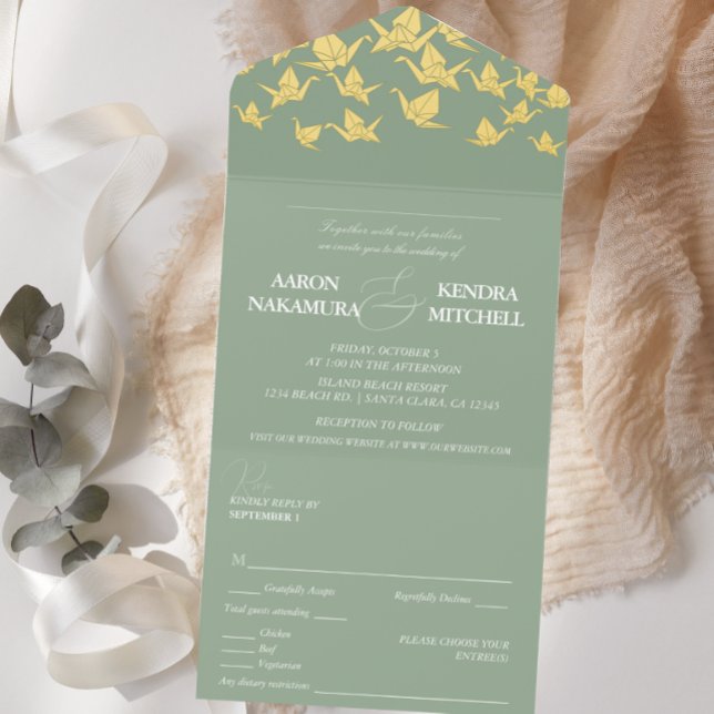Beautiful green paper crane wedding all in one invitation  (Creator Uploaded)