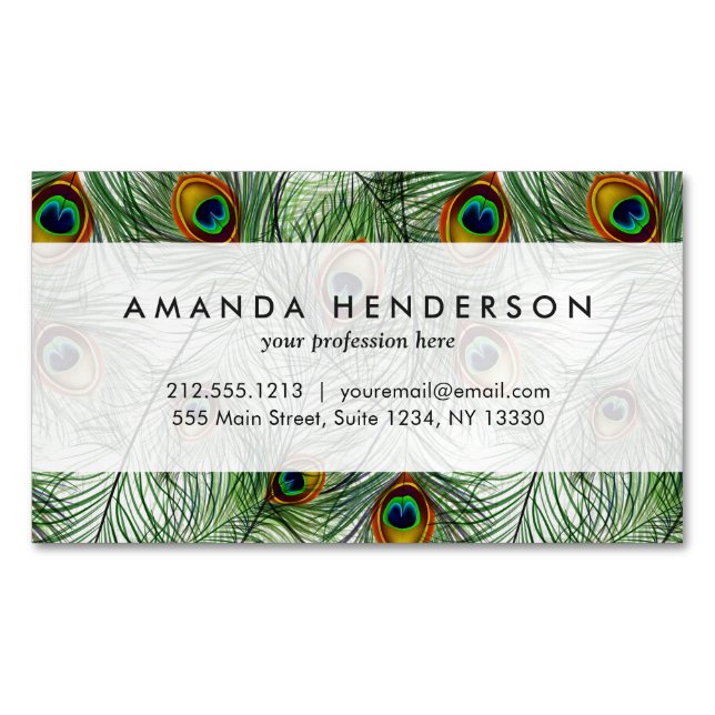 Beautiful Green Peacock Feather Business Card Magnet (Front)