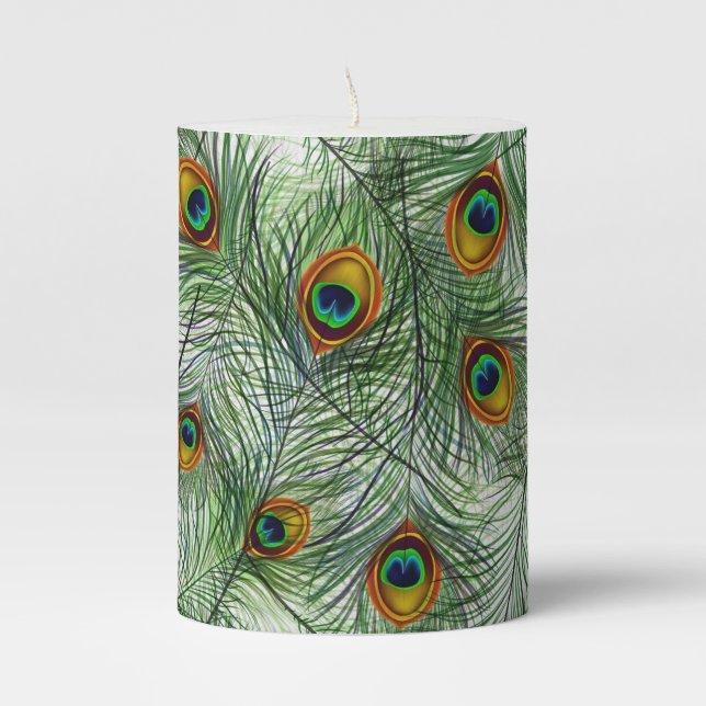 Beautiful Green Peacock Feather Pillar Candle (Front)