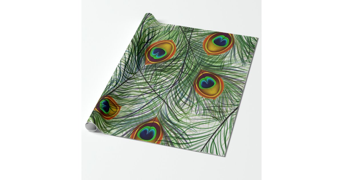 Peacock Feathers, Lime Green on Emerald Green Wrapping Paper