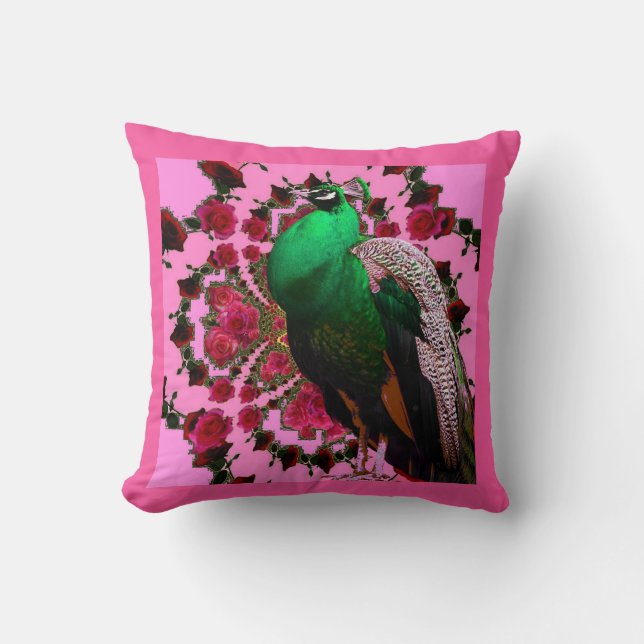 BEAUTIFUL GREEN PEACOCK PINK ROSES PINK ART THROW PILLOW (Front)