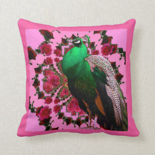 BEAUTIFUL GREEN PEACOCK PINK ROSES PINK ART THROW PILLOW