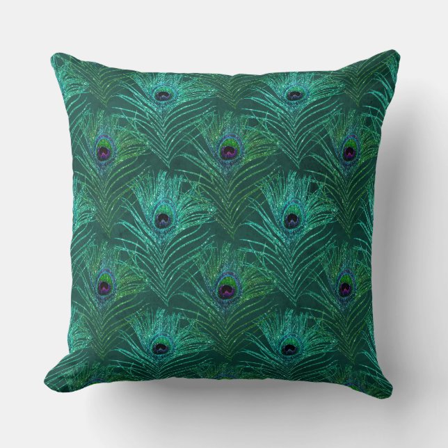 Beautiful Green Peacock Texture Glitter Pillow  (Front)