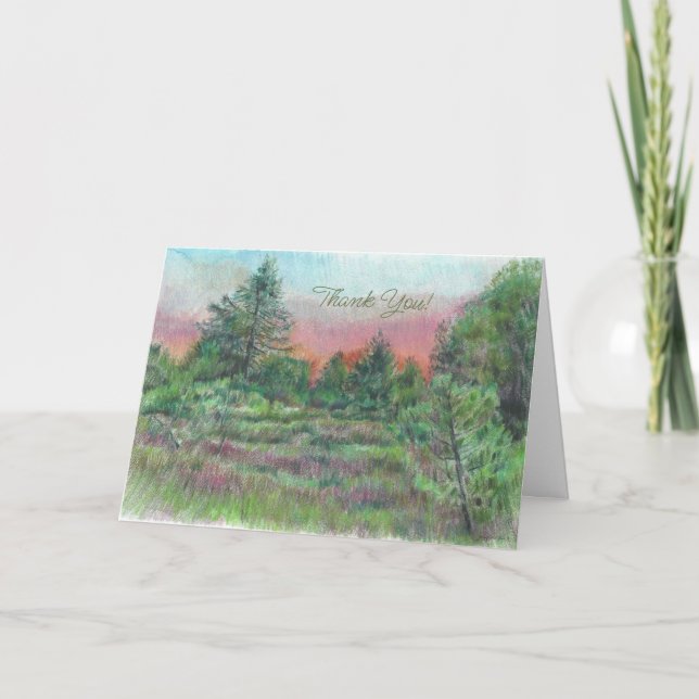 Beautiful Green Pink Landscape Art Trees Thank You Card (Front)
