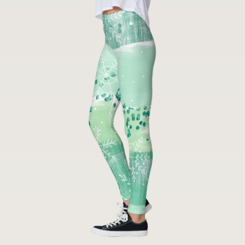 Beautiful Green Watercolor Winter Trendy Pattern Leggings