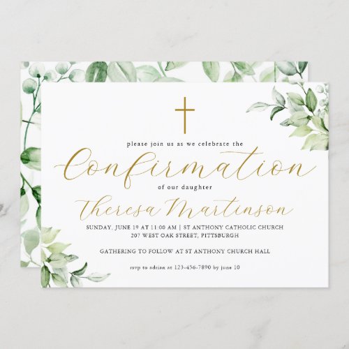 Beautiful Greenery and Cross Confirmation Invitation