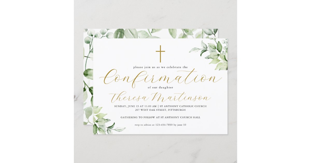 Beautiful Greenery and Cross Confirmation Invitation | Zazzle