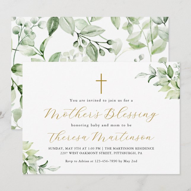 Beautiful Greenery and Cross Mother's Blessing Invitation (Front/Back)