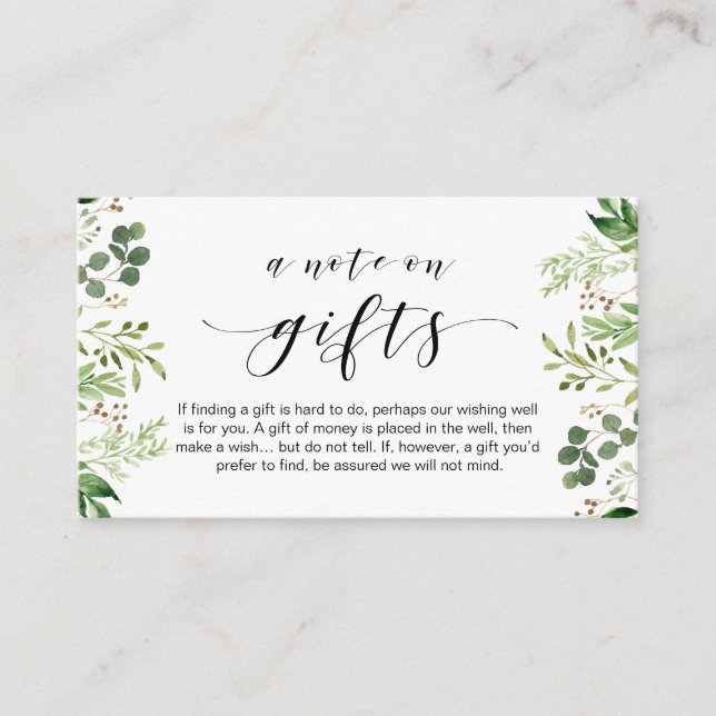 Beautiful greenery, Black font, A note on gifts Enclosure Card (Front)