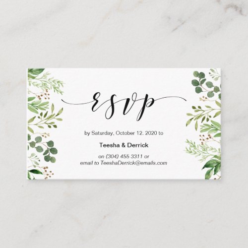 Beautiful greenery Black Script Wedding RSVP Enclosure Card