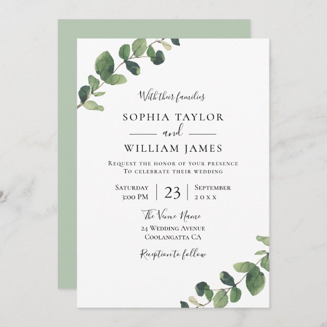 Beautiful Greenery: Watercolor Leaf Wedding Invitation (Front/Back)