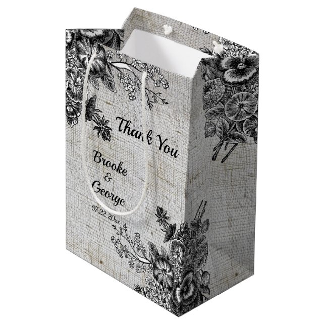 Beautiful Grey & Black Artistic Flowers  Medium Gift Bag (Back Angled)