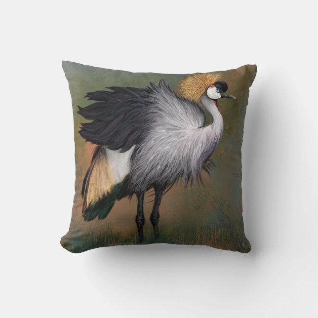 Beautiful Grey Crowned Crane Bird Throw Pillow (Front)