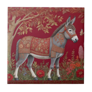 Beautiful Grey Donkey Red Countryside  Ceramic Tile