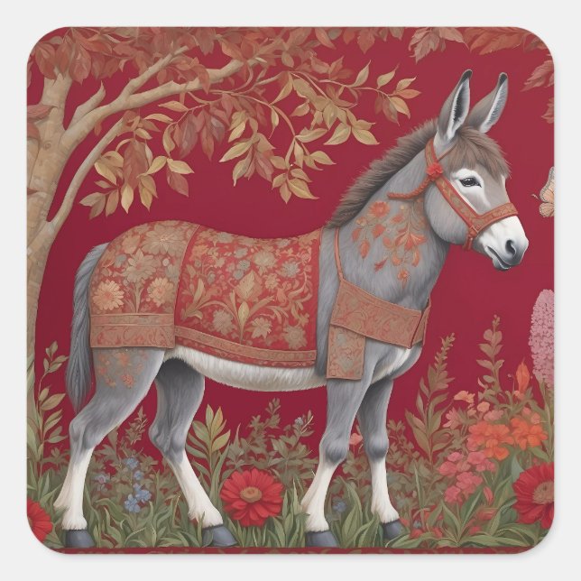 Beautiful Grey Donkey Red Countryside  Square Sticker (Front)