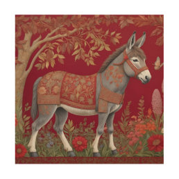 Beautiful Grey Donkey Red Countryside  Wood Wall Art