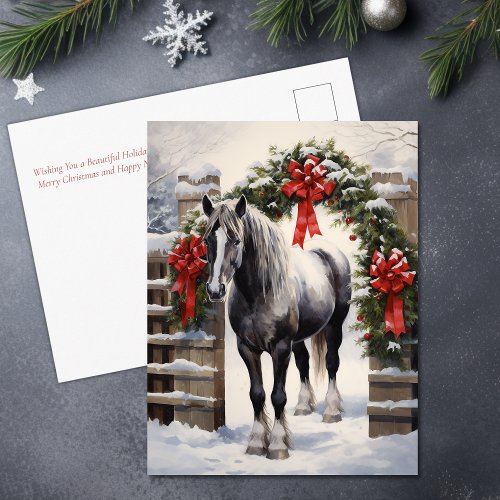 Beautiful Grey Horse with Winter Garland Christmas Holiday Postcard