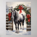 Beautiful Grey Horse with Winter Garland Christmas Poster<br><div class="desc">Celebrate the magic of the season with our stunning Christmas Holiday Poster featuring a beautiful grey horse standing beneath a snow-covered holiday garland on wintry day.</div>