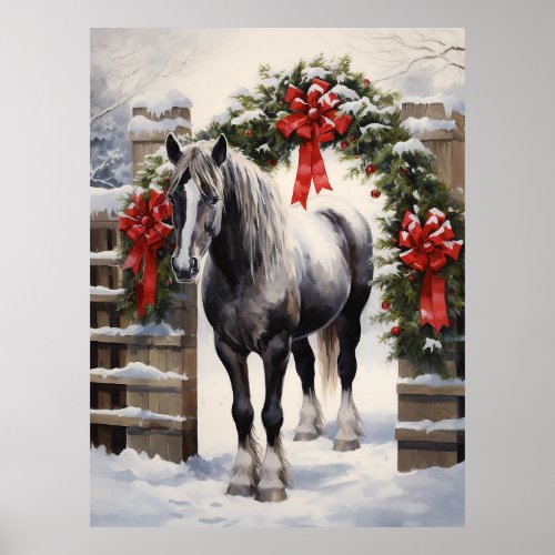 Beautiful Grey Horse with Winter Garland Christmas Poster