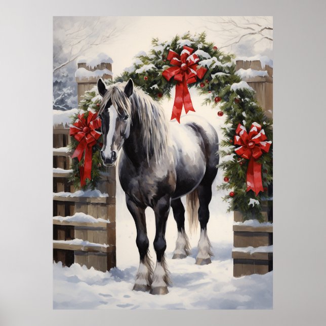Beautiful Grey Horse with Winter Garland Christmas Poster (Front)