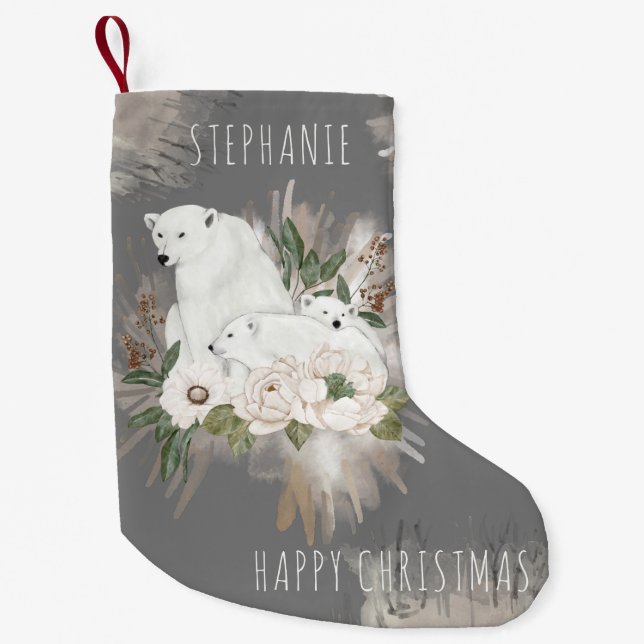 Beautiful Grey Polar Bear Happy Christmas Name Small Christmas Stocking (Front)