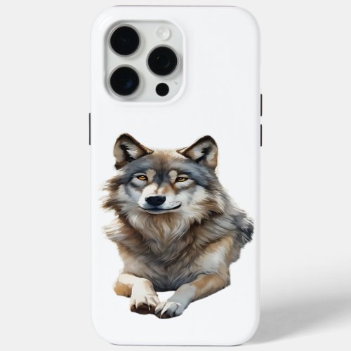 Beautiful Grey Wolf Lounging in Watercolor iPhone 15 Pro Max Case