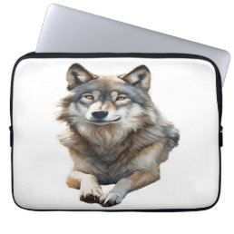 Beautiful Grey Wolf Lounging in Watercolor Laptop Sleeve