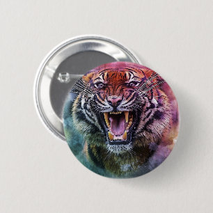 Beautiful Growling Bengal Tiger Face Photo Button