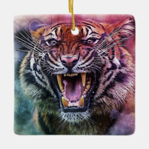 Beautiful Growling Bengal Tiger Face Photo Ceramic Ornament