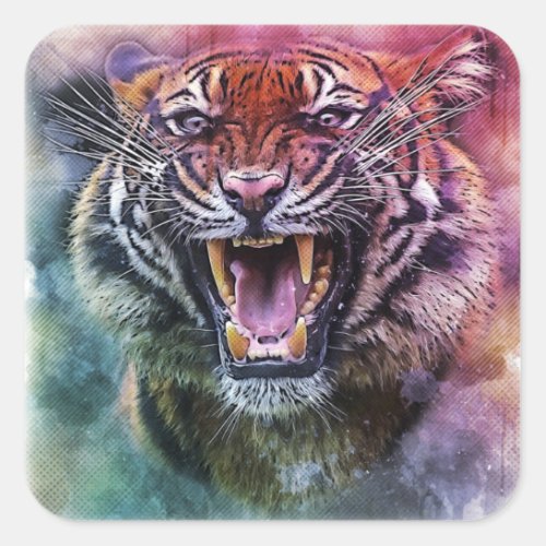 Beautiful Growling Bengal Tiger Face Photo Square Sticker