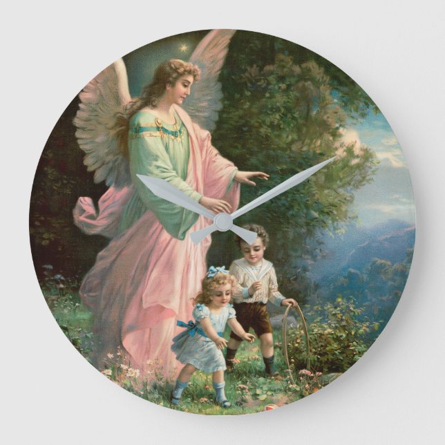 Beautiful Guardian Angel Guarding Children Large Clock (Front)