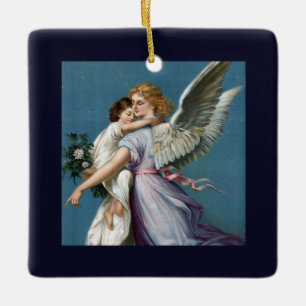Beautiful Guardian Angel Painting Ceramic Ornament