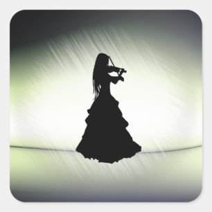 Beautiful Gypsy Girl Plays Violin Green Square Sticker