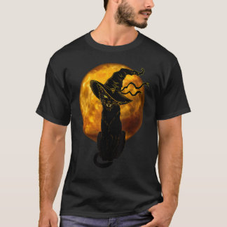 Beautiful Halloween Black Cat with Witch Hat Full T-Shirt
