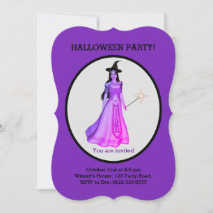 Beautiful Halloween Witch on Black & Purple Invitation