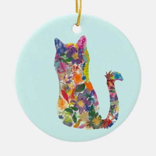 Beautiful hand drawn flower cat ceramic ornament