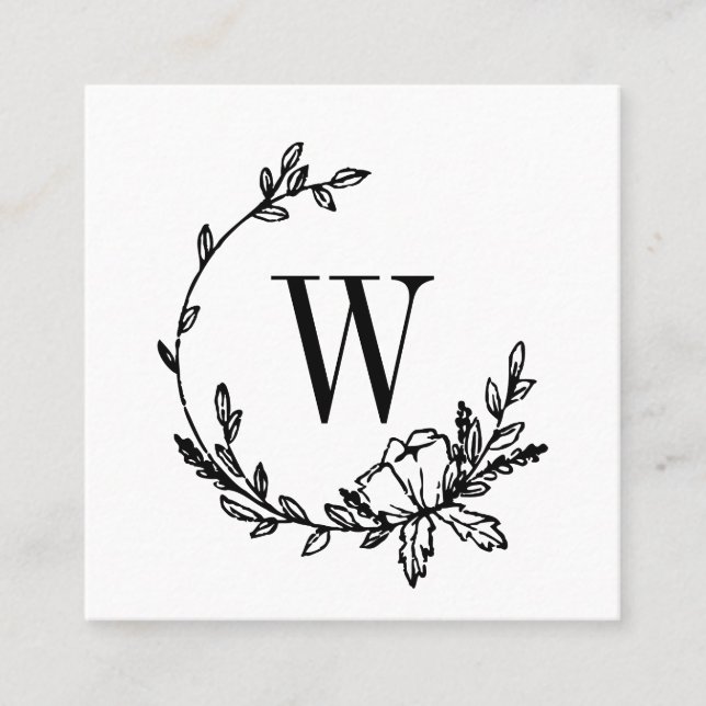 Beautiful Hand Drawn Flower Wreath Monogram Square Business Card (Front)
