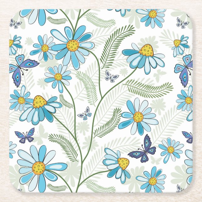 Beautiful Hand Drawn Pastel Blue Floral Pattern Square Paper Coaster (Front)