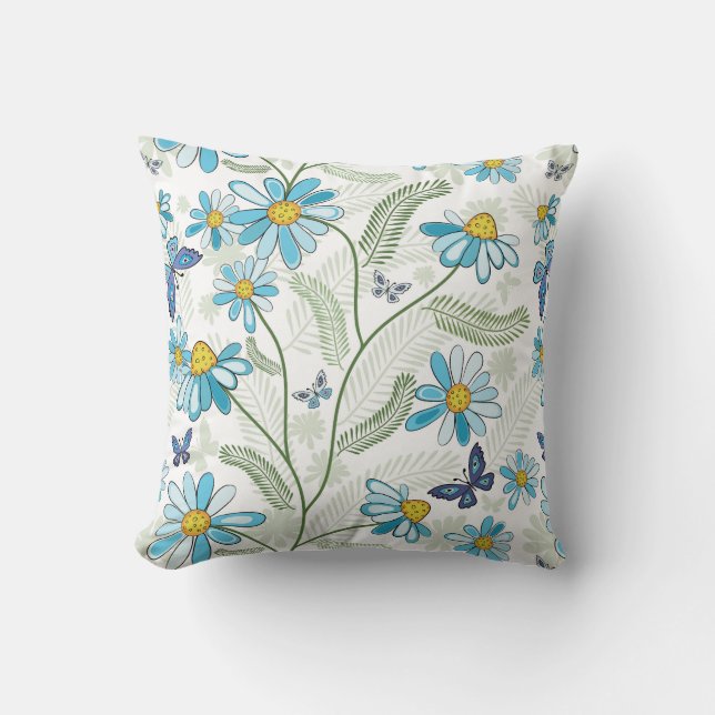Beautiful Hand Drawn Pastel Blue Floral Pattern Throw Pillow (Front)